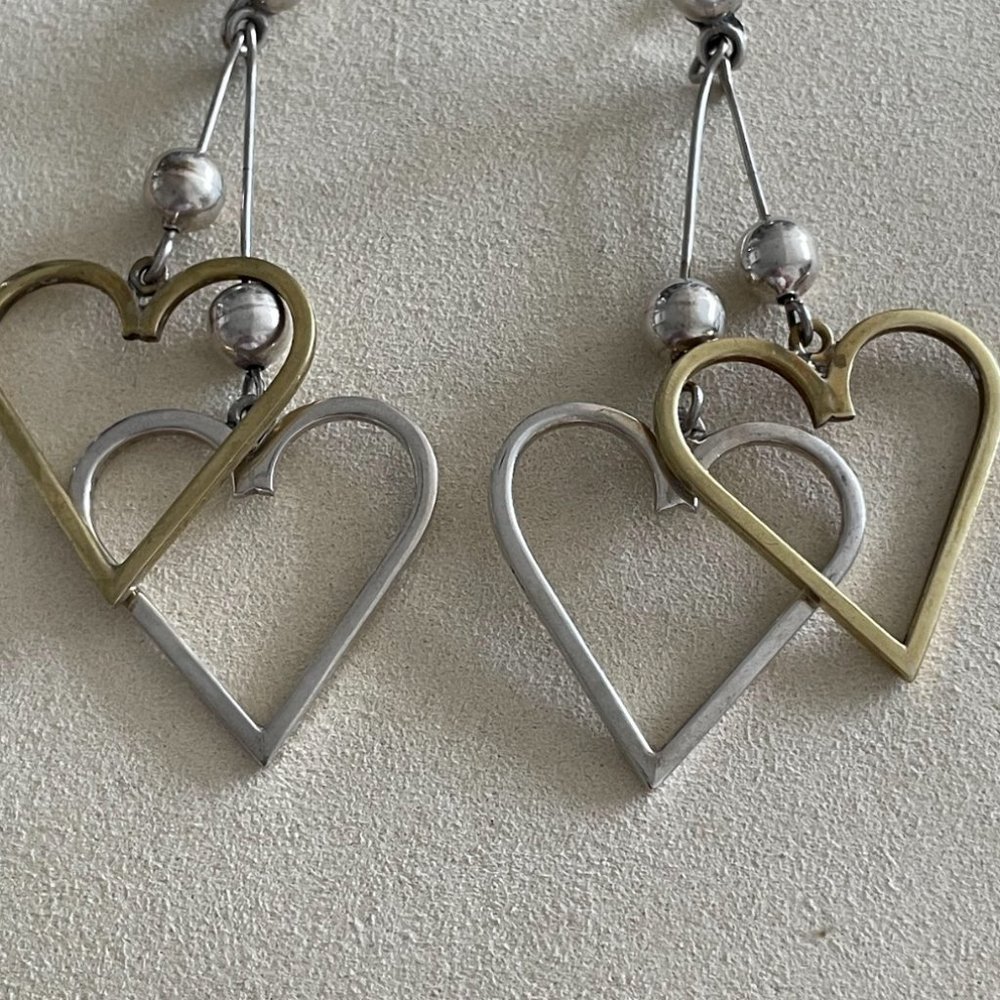 Large Sterling and Brass Dangle Heart Earrings